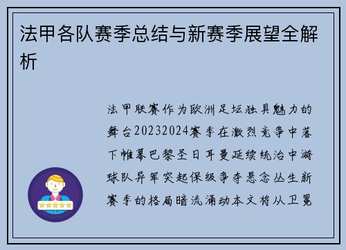 法甲各队赛季总结与新赛季展望全解析